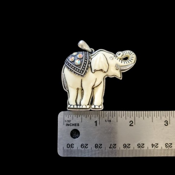 Plastic Faux Ivory Elephant Pendant With Rhinestones On A Sterling Silver Bezel - Picture 11 of 12